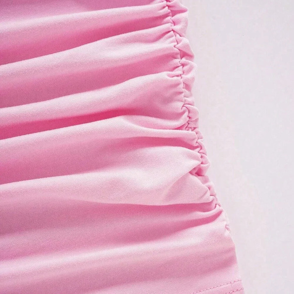 Pink Casual Women's Solid Color Pleated And 3D Flower Decorated Strapless Dress - Picture 4 of 6